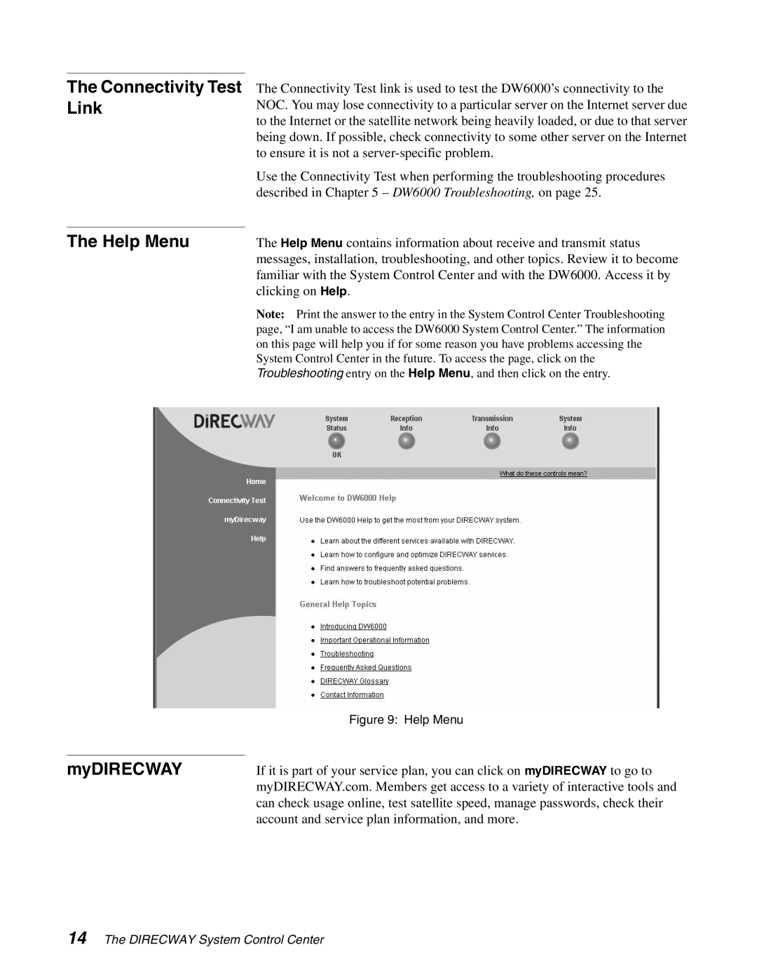 Hughes DW6000 manual Connectivity Test Link Help Menu, MyDIRECWAY 