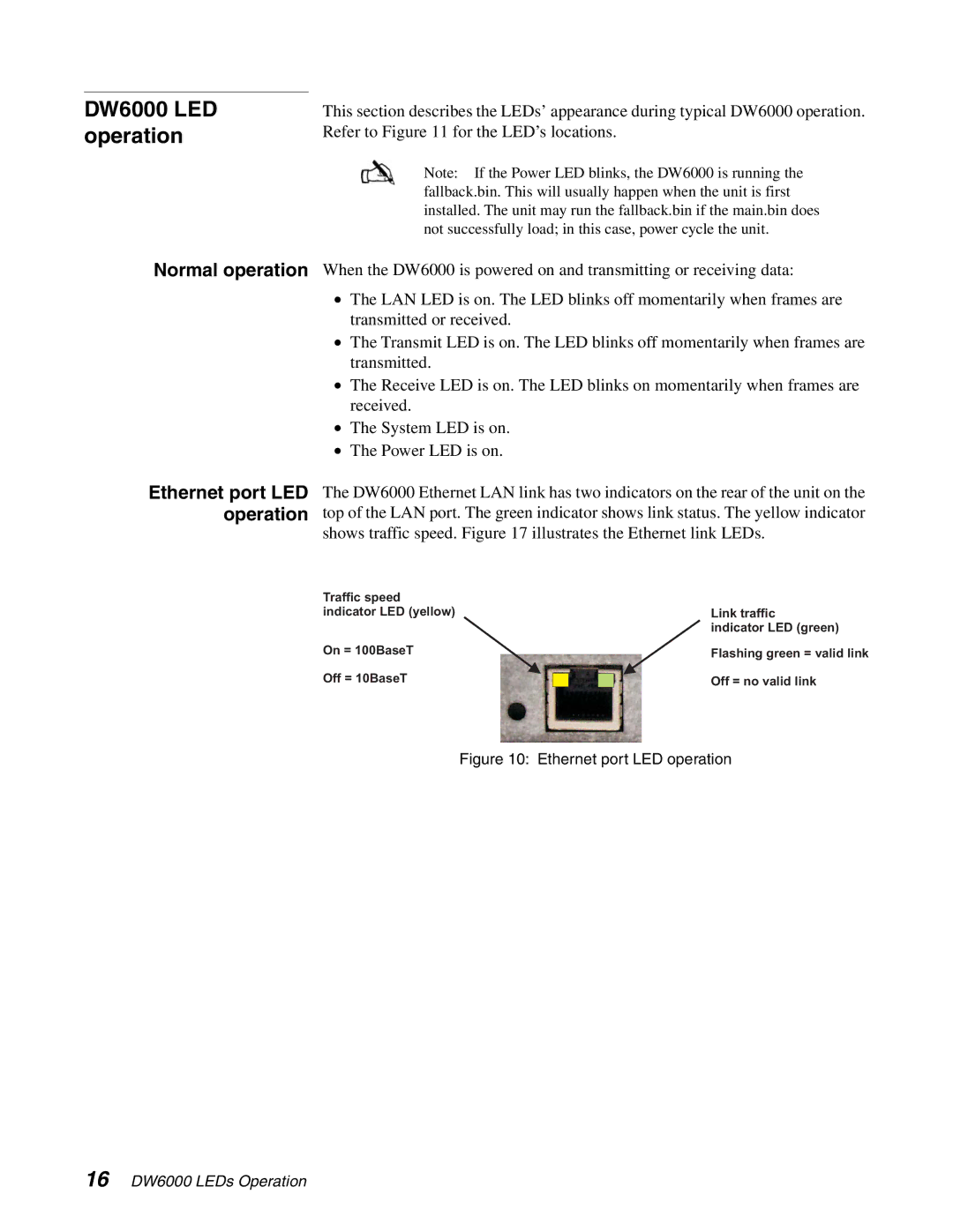 Hughes manual DW6000 LED operation, Ethernet port LED operation 