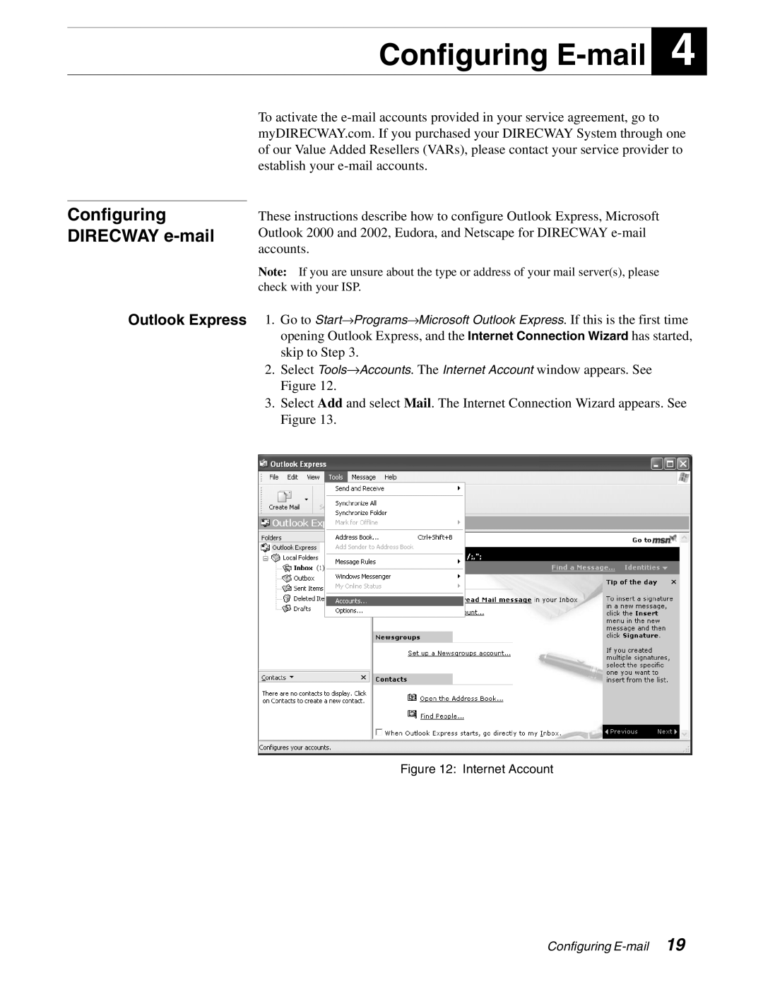 Hughes DW6000 manual Configuring E-mail, Configuring Direcway e-mail 