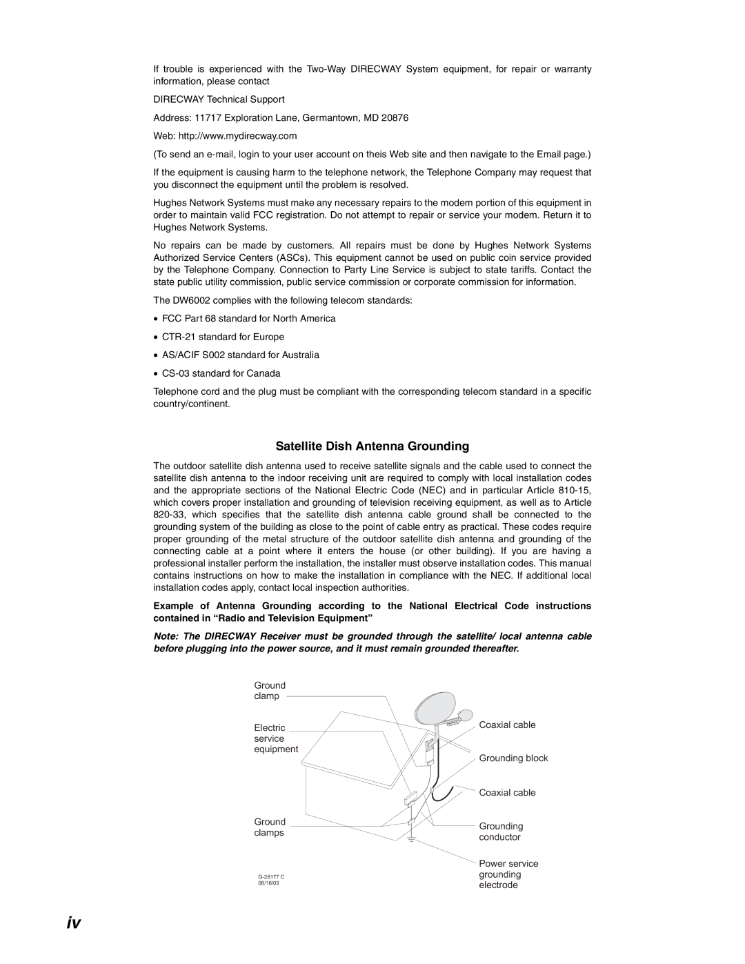 Hughes DW6000 manual Satellite Dish Antenna Grounding 