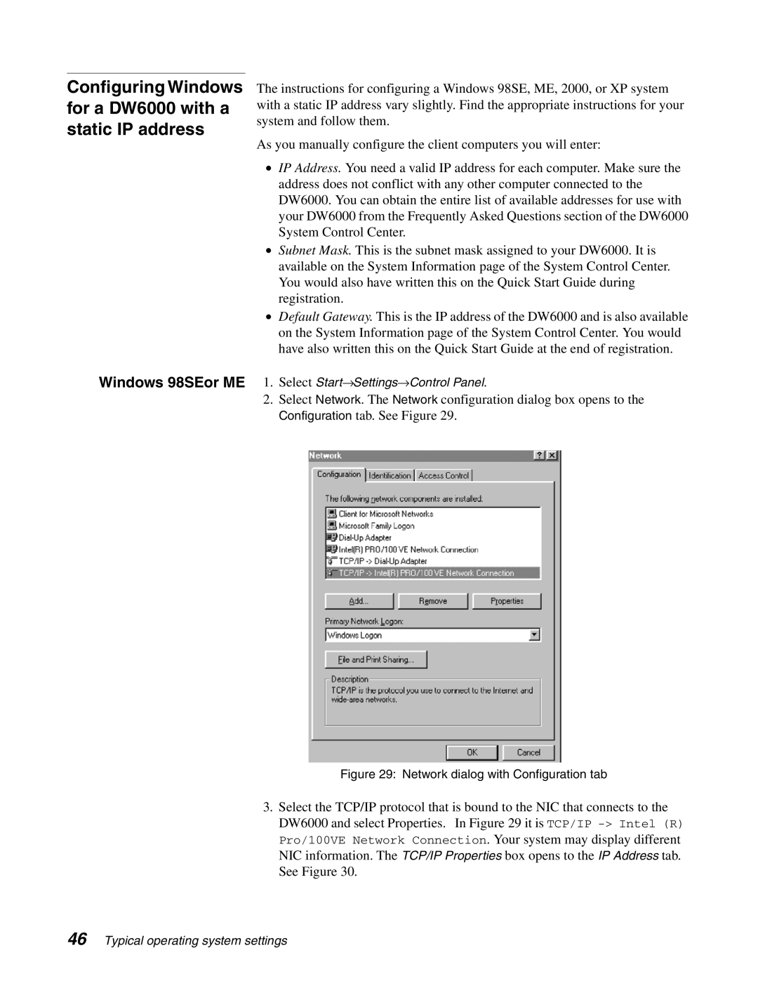 Hughes manual Configuring Windows for a DW6000 with a static IP address, Windows 98SEor ME 