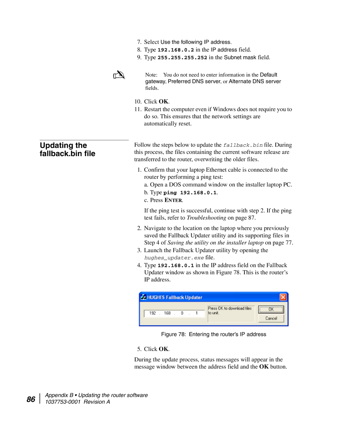 Hughes HN7700S manual Updating the fallback.bin file, Entering the router’s IP address 