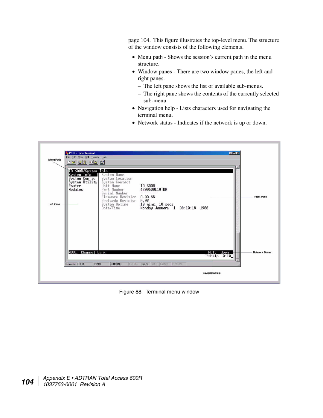 Hughes HN7700S manual 104, Terminal menu window 