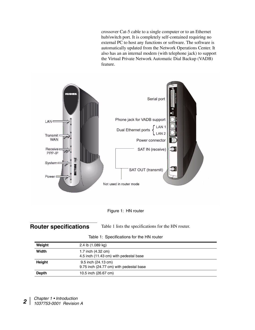 Hughes HN7700S manual Router specifications, Lists the specifications for the HN router 