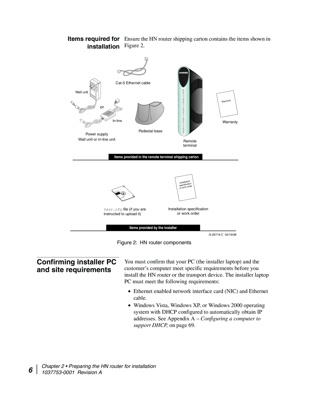 Hughes HN7700S manual Confirming installer PC and site requirements, Items provided in the remote terminal shipping carton 