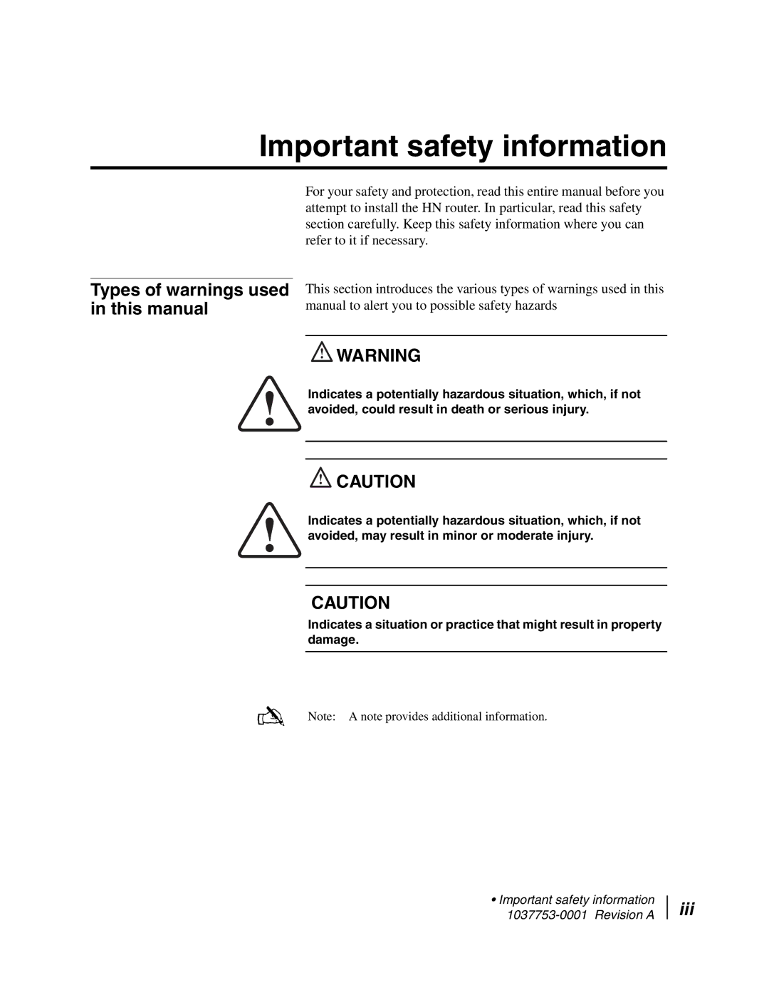 Hughes HN7700S Important safety information, Types of warnings used in this manual, Iii 