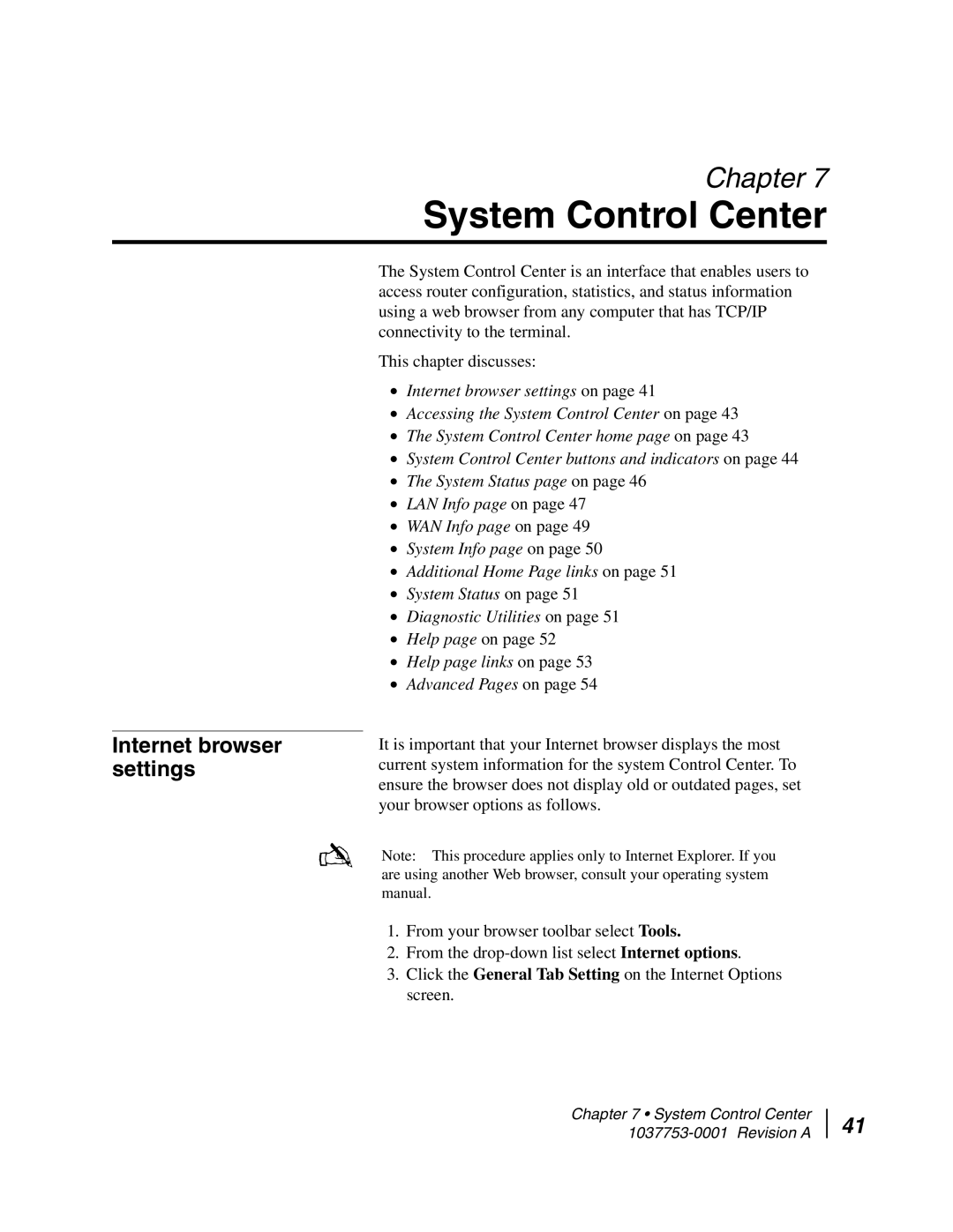 Hughes HN7700S manual System Control Center, Internet browser settings 