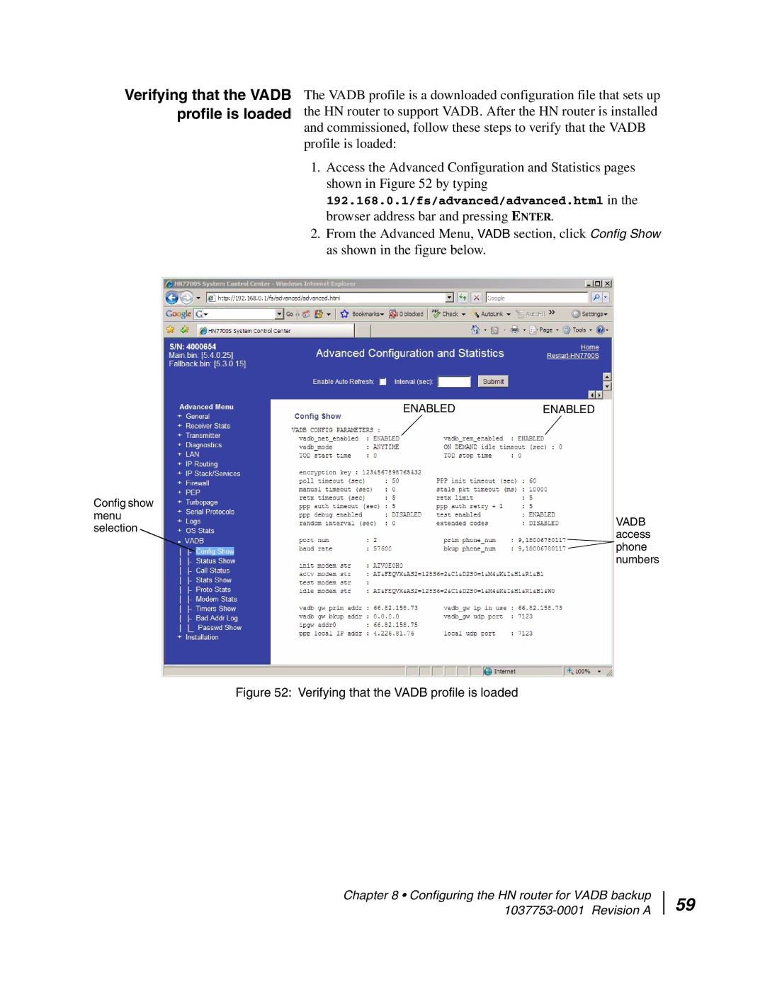 Hughes HN7700S manual Verifying that the Vadb profile is loaded 