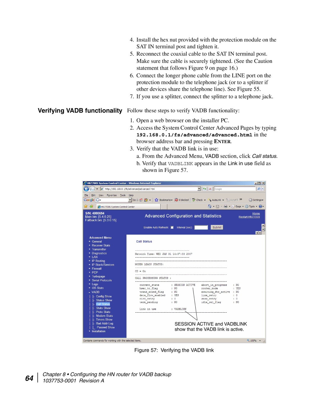 Hughes HN7700S manual Verifying the Vadb link 