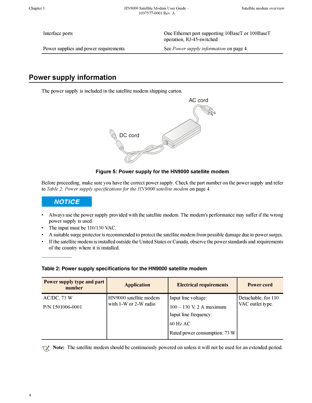 Hughes manual Power supply information, Power supply specifications for the HN9000 satellite modem 