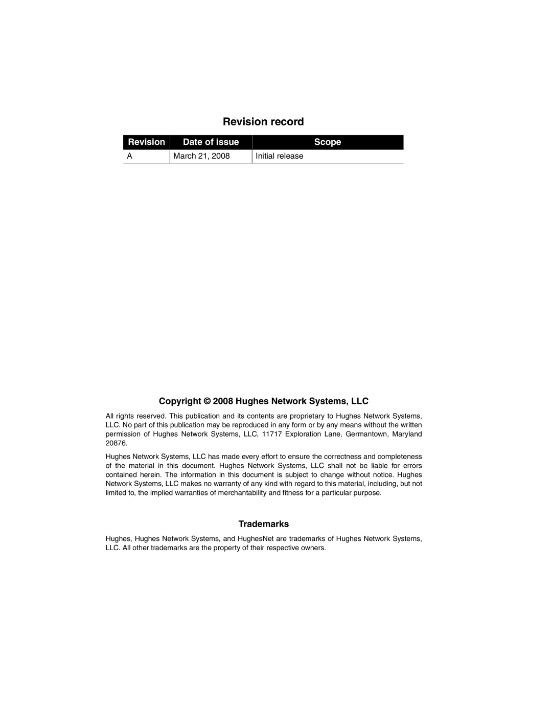 Hughes HN9000 manual Revision record, Copyright 2008 Hughes Network Systems, LLC, Trademarks 