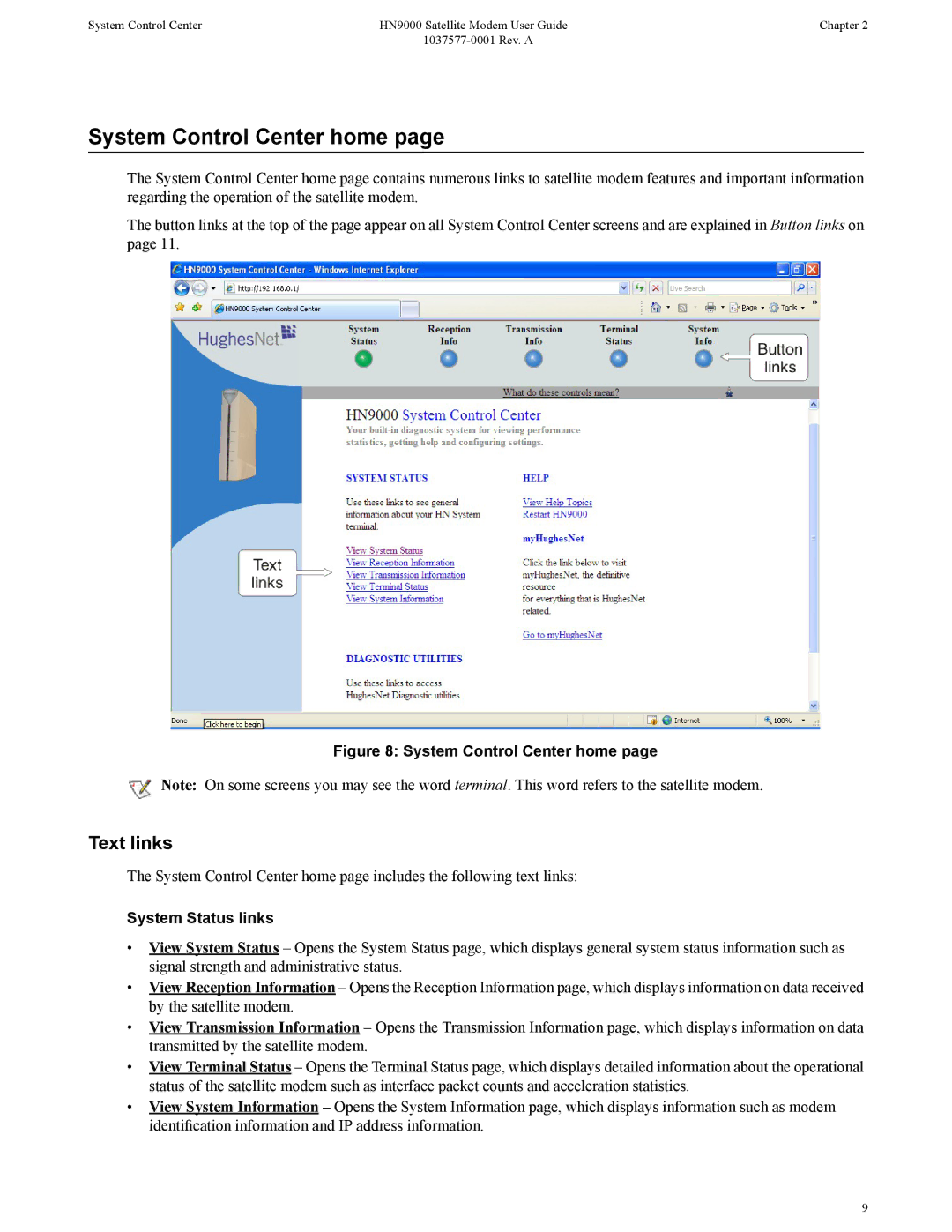 Hughes HN9000 manual System Control Center home, Text links, System Status links 