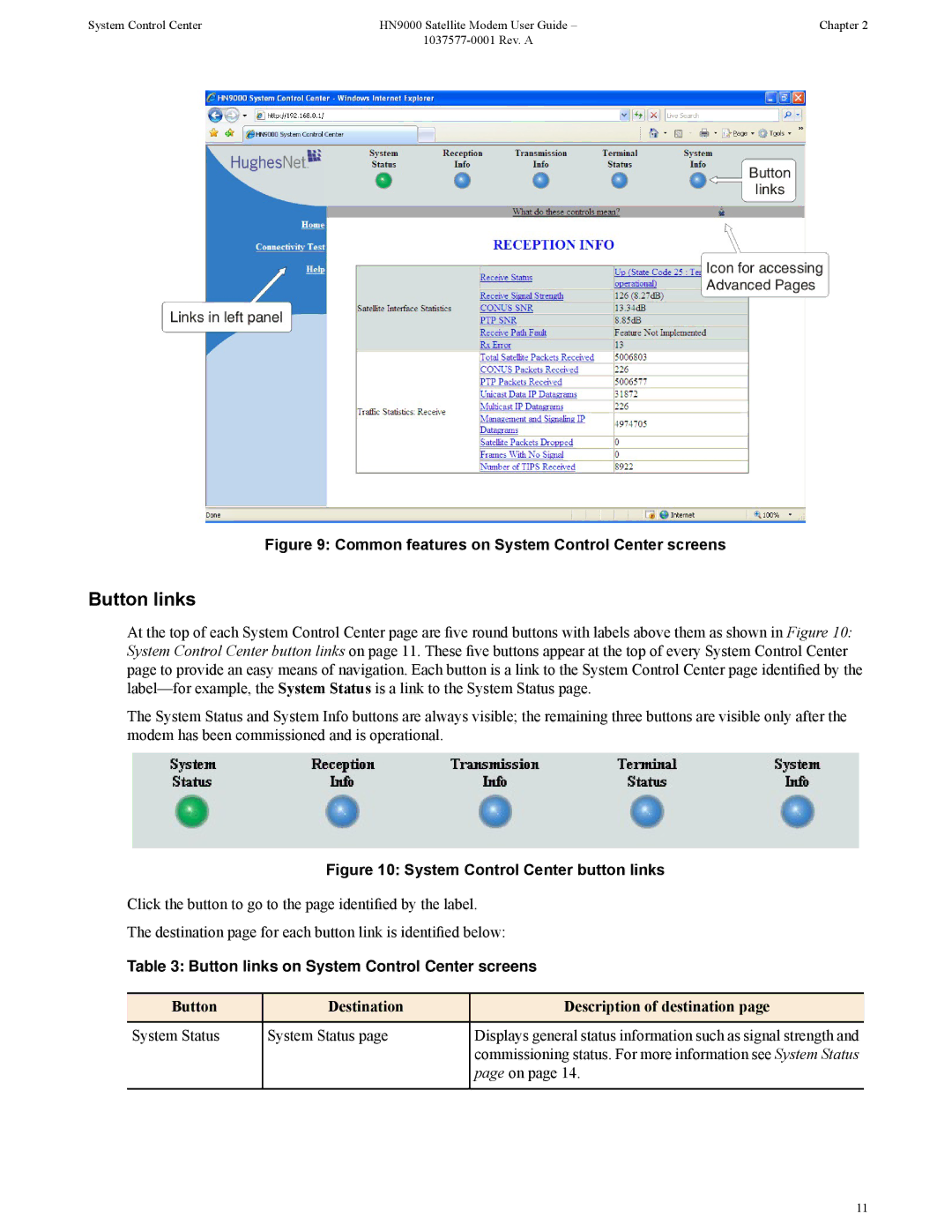 Hughes HN9000 manual Button links on System Control Center screens, Button Destination Description of destination 