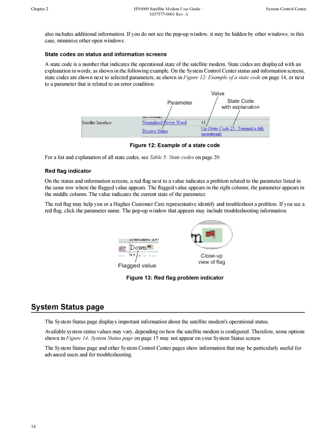 Hughes HN9000 manual System Status, State codes on status and information screens, Red flag indicator 