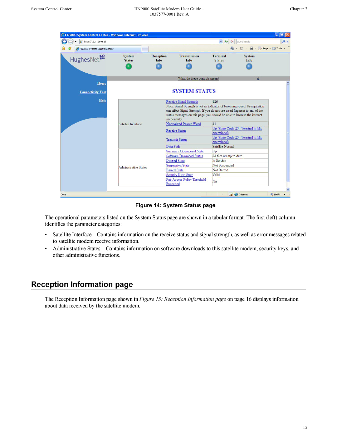 Hughes HN9000 manual Reception Information, System Status 