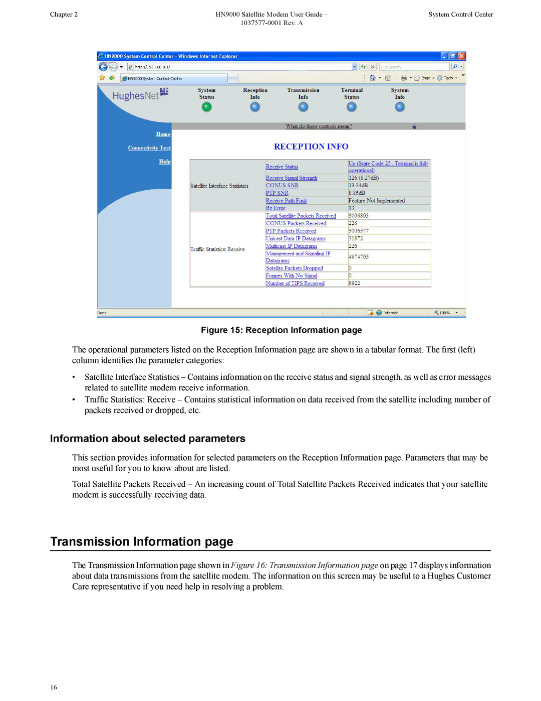 Hughes HN9000 manual Transmission Information, Information about selected parameters 