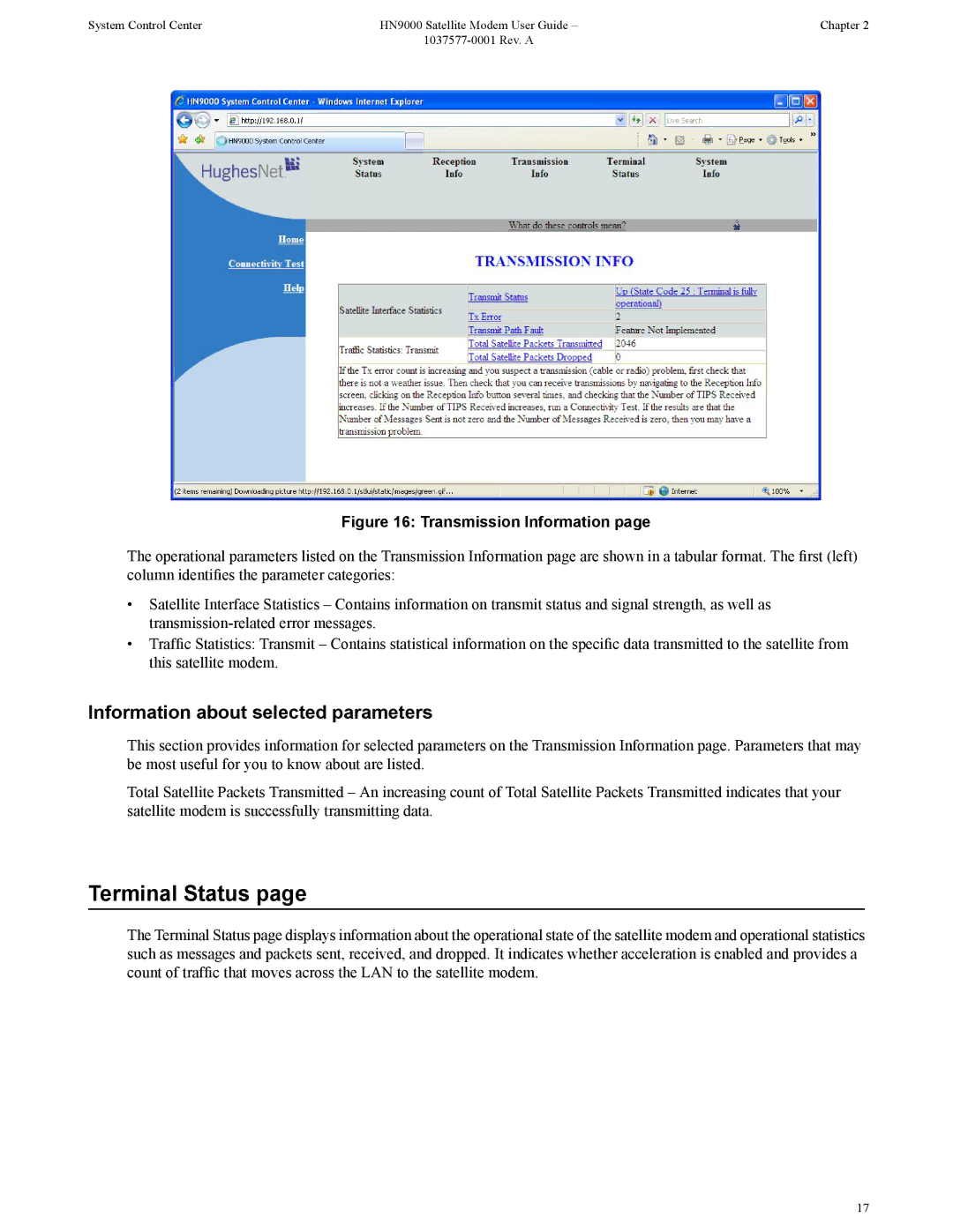 Hughes HN9000 manual Terminal Status, Transmission Information 