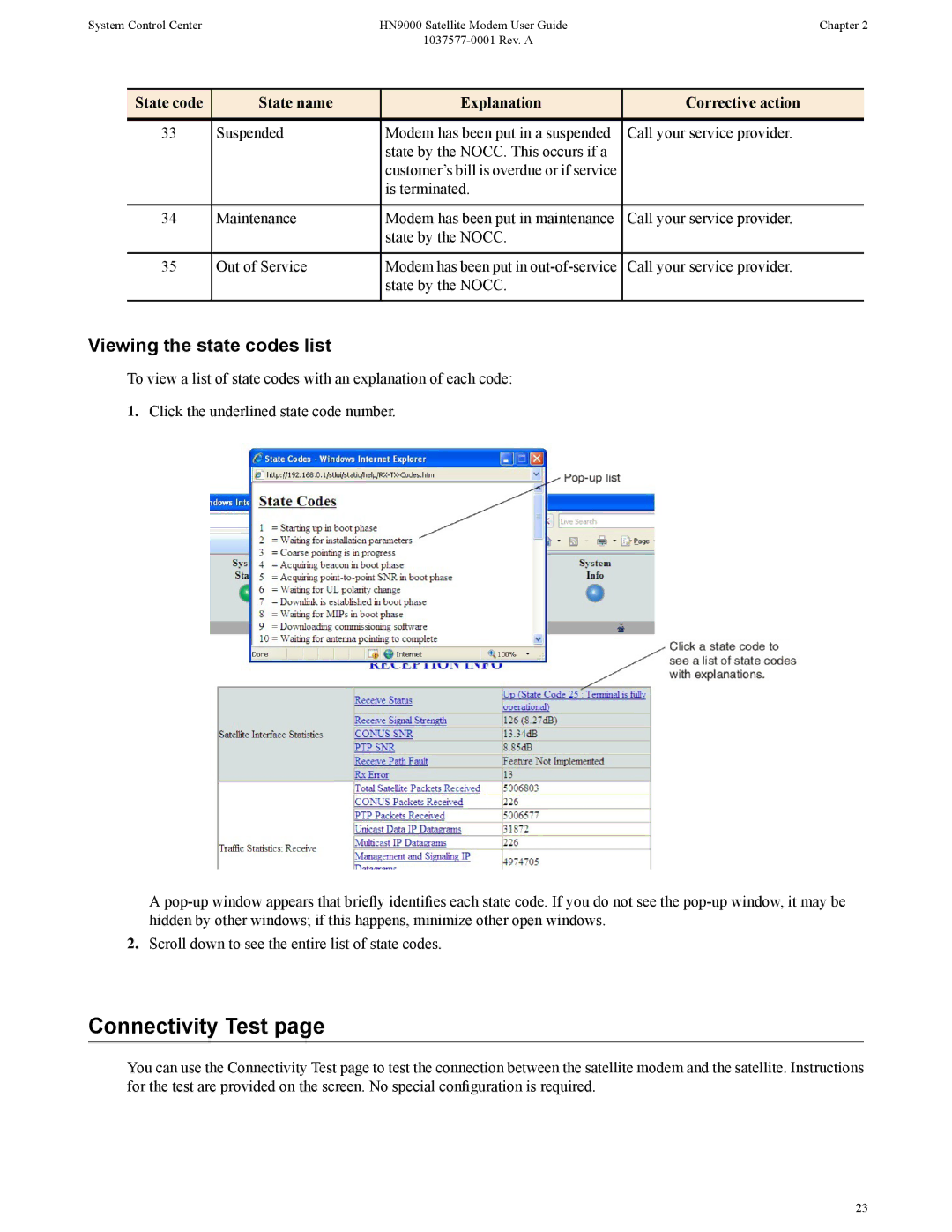 Hughes HN9000 manual Connectivity Test, Viewing the state codes list 