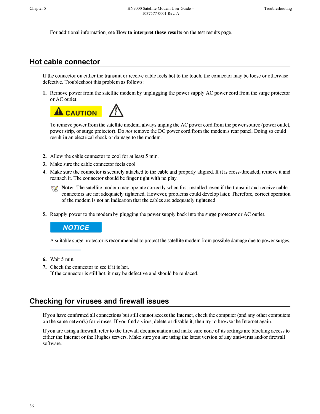 Hughes HN9000 manual Hot cable connector, Checking for viruses and firewall issues 