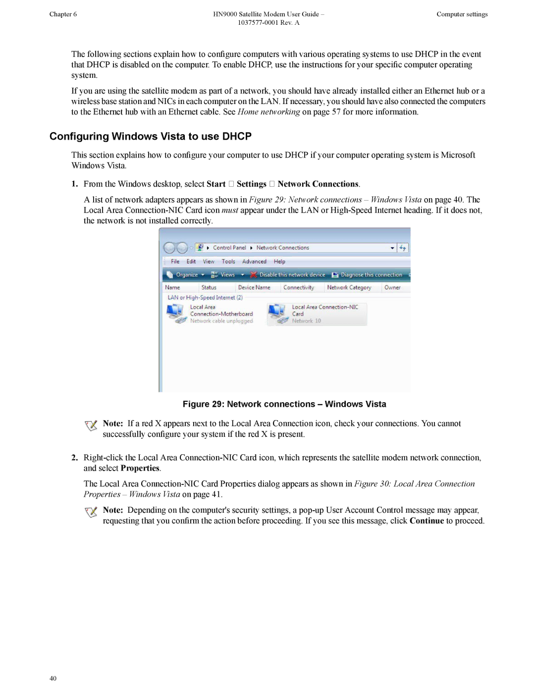 Hughes HN9000 manual Configuring Windows Vista to use Dhcp, Network connections Windows Vista 