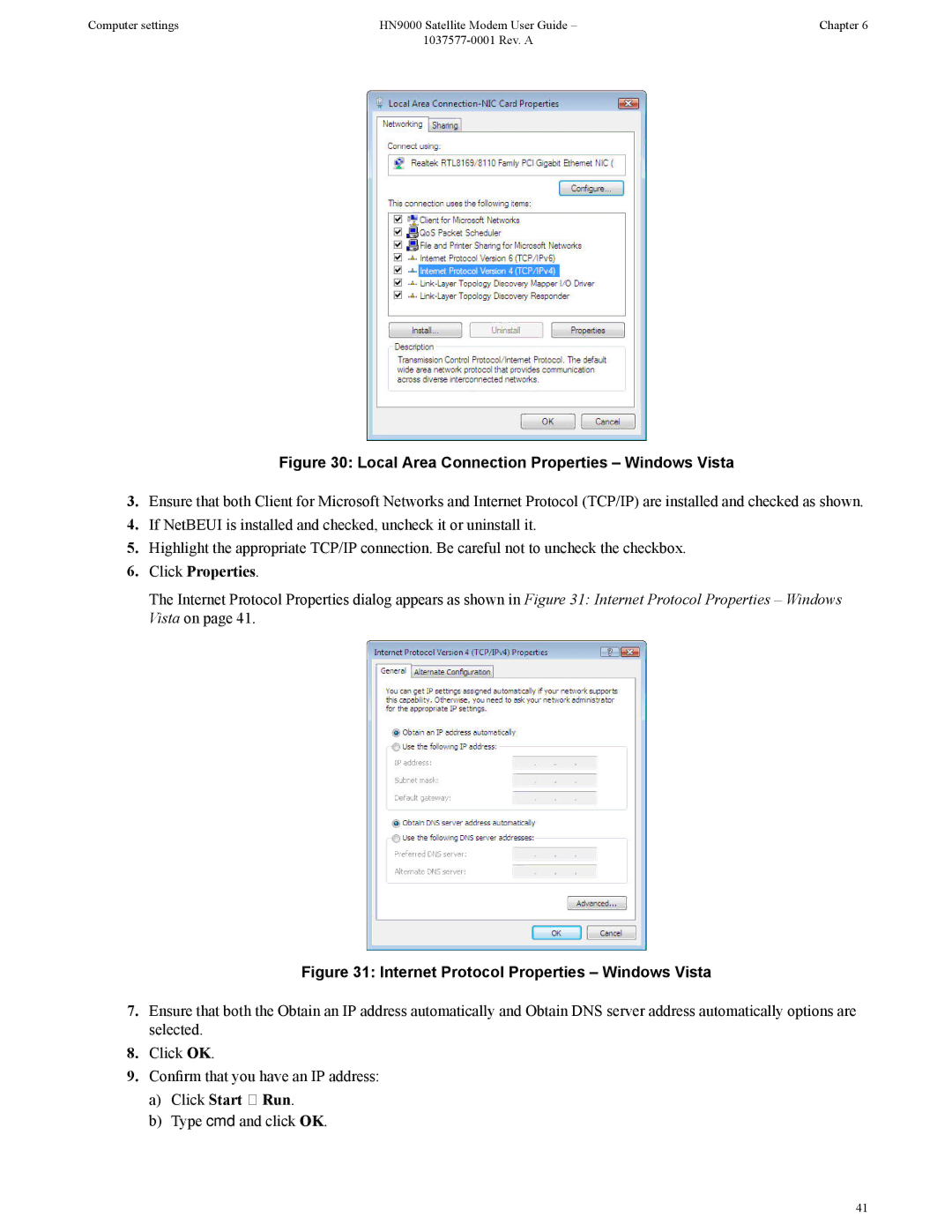 Hughes HN9000 manual Click Properties, Click Start Run 