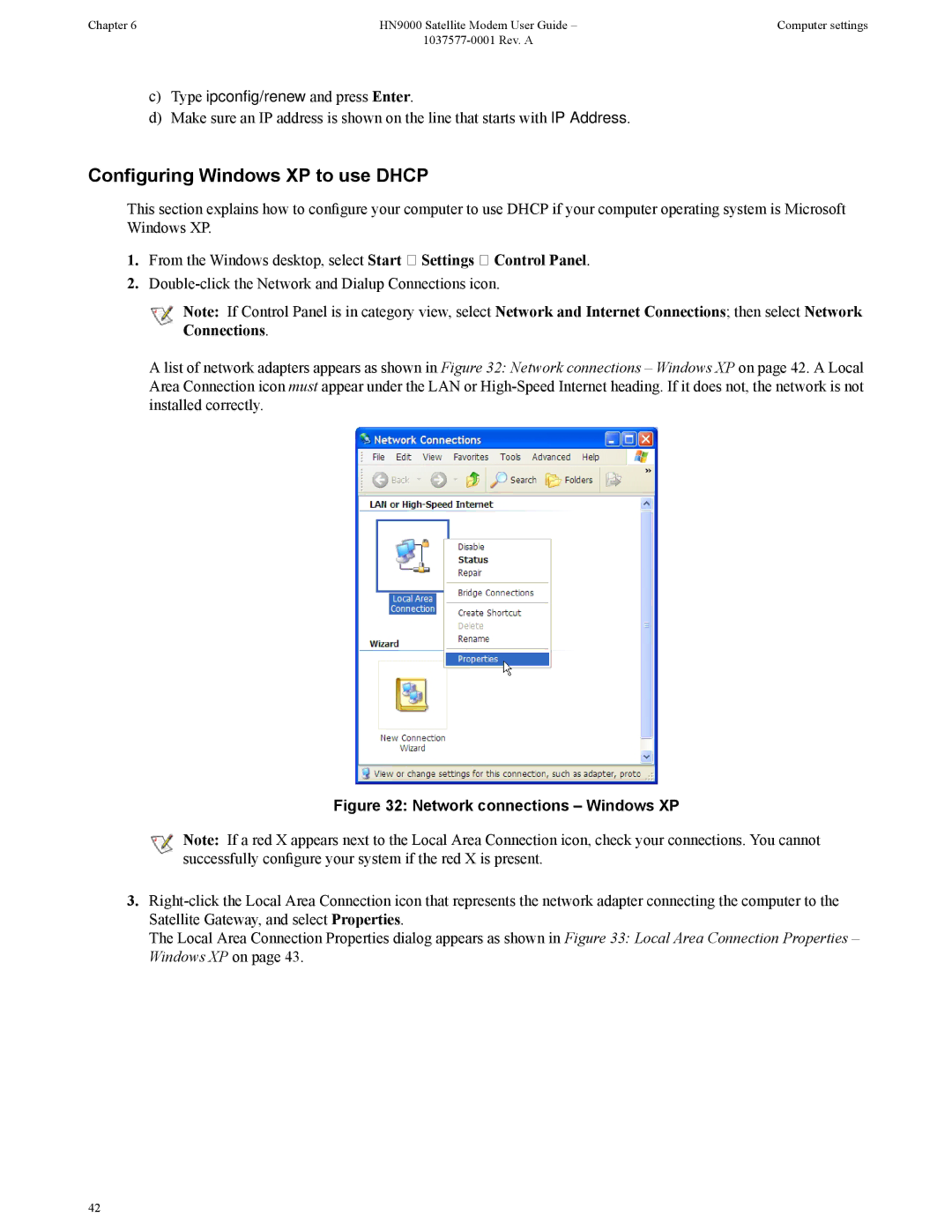 Hughes HN9000 manual Configuring Windows XP to use Dhcp, Network connections Windows XP 