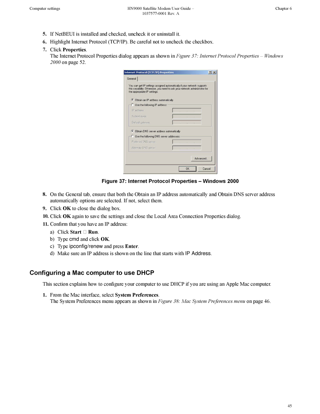 Hughes HN9000 manual Configuring a Mac computer to use Dhcp, Internet Protocol Properties Windows 