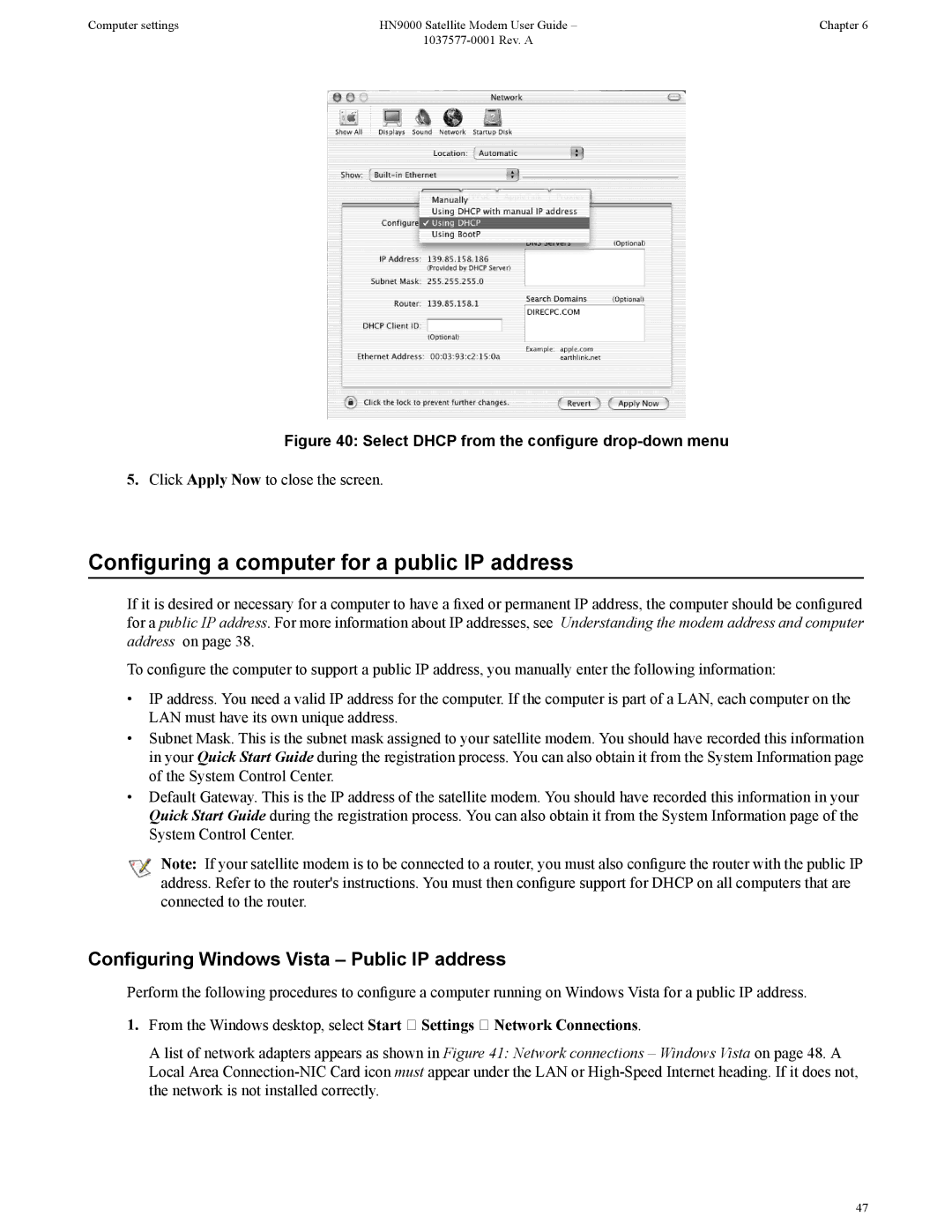 Hughes HN9000 manual Configuring a computer for a public IP address, Configuring Windows Vista Public IP address 