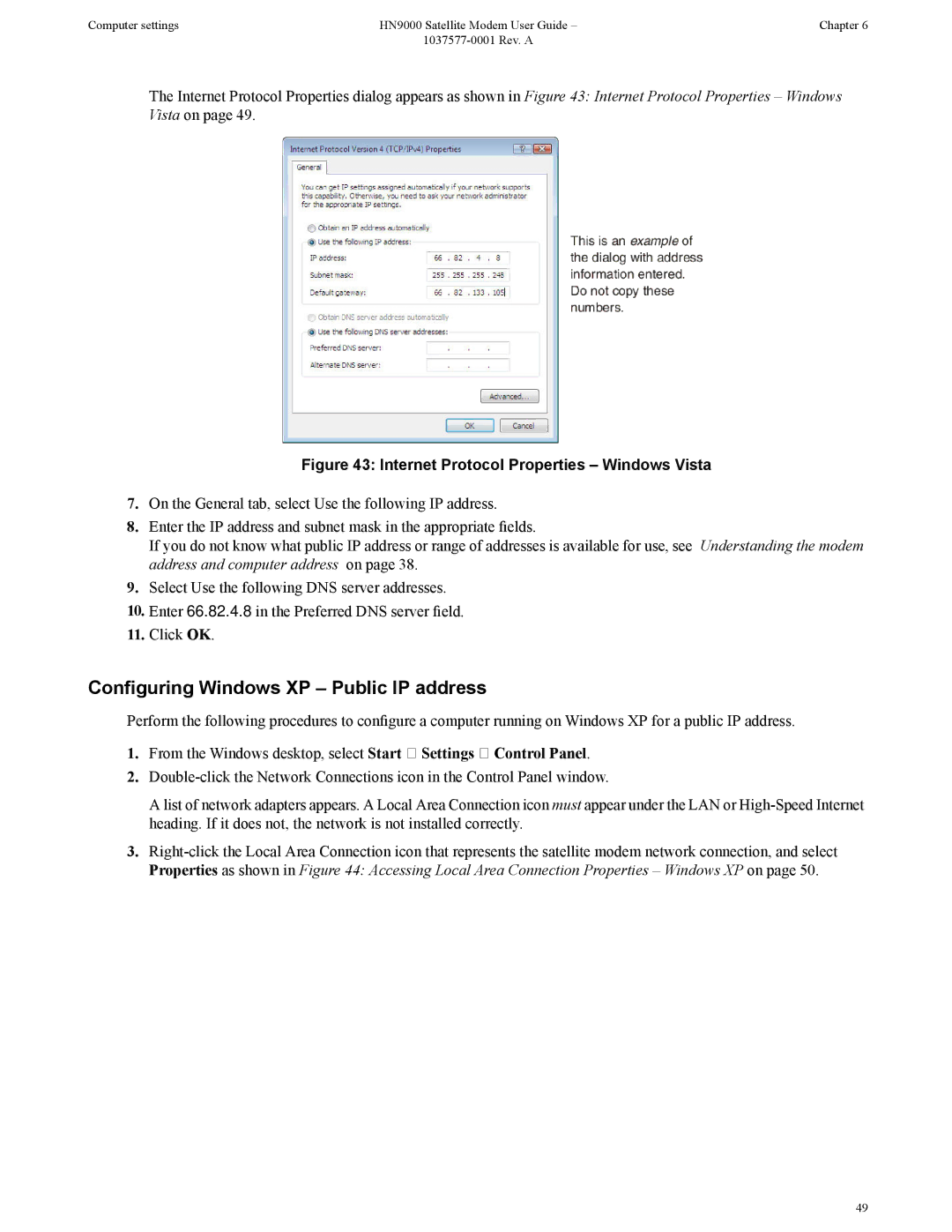 Hughes HN9000 manual Configuring Windows XP Public IP address, Internet Protocol Properties Windows Vista 