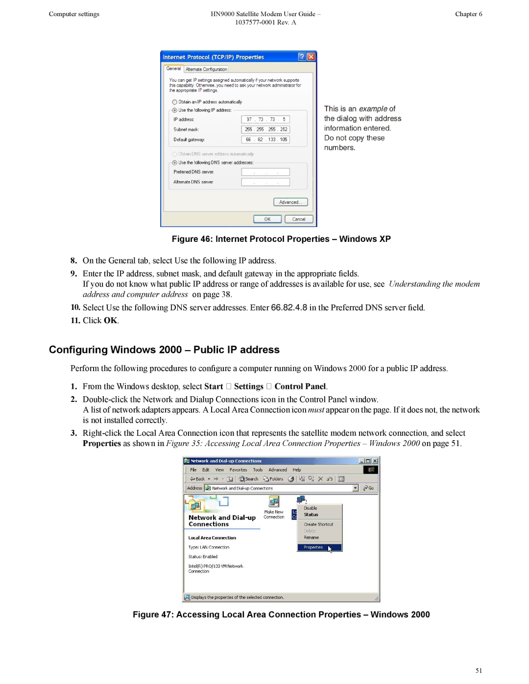 Hughes HN9000 manual Configuring Windows 2000 Public IP address, Internet Protocol Properties Windows XP 