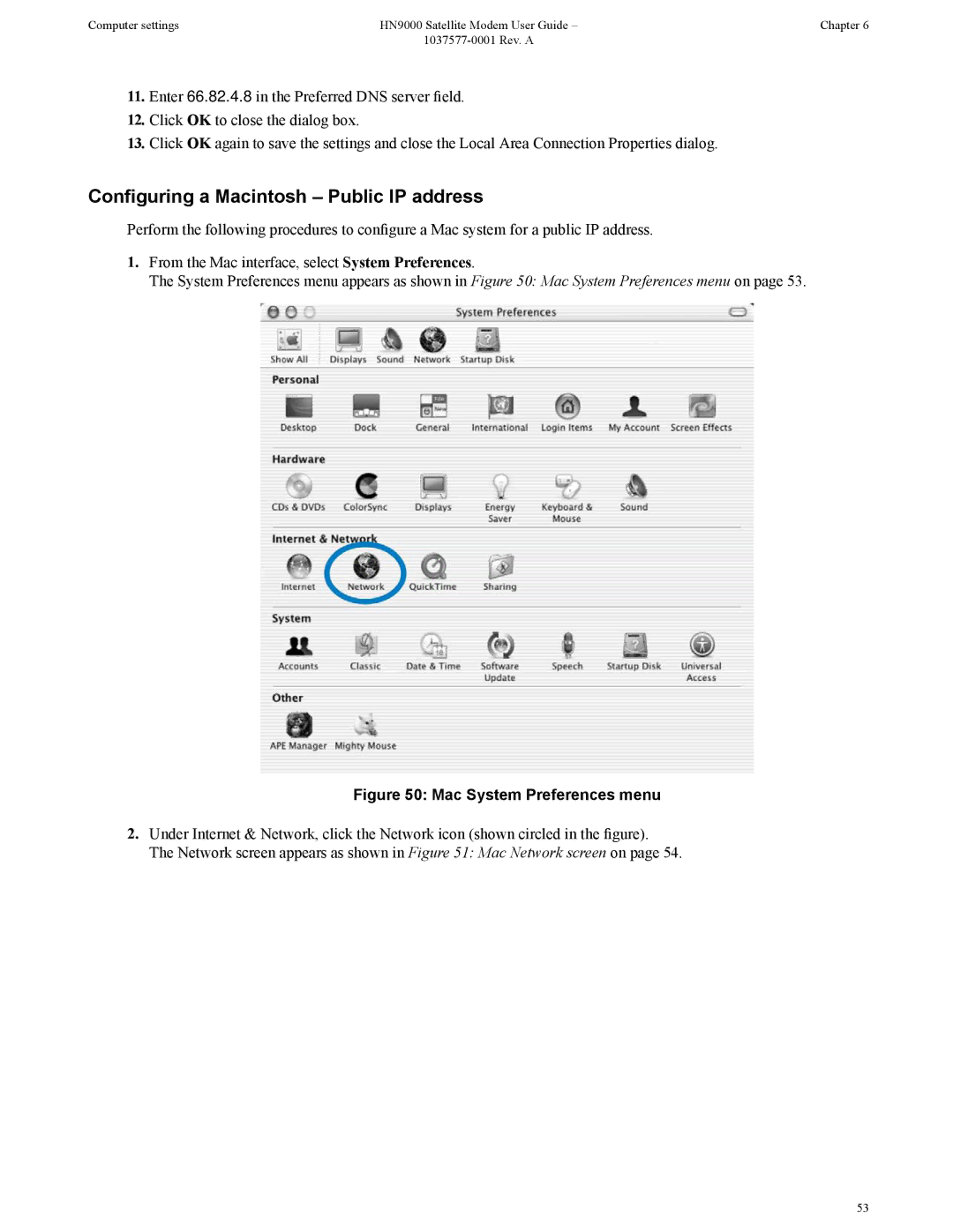 Hughes HN9000 manual Configuring a Macintosh Public IP address, Mac System Preferences menu 