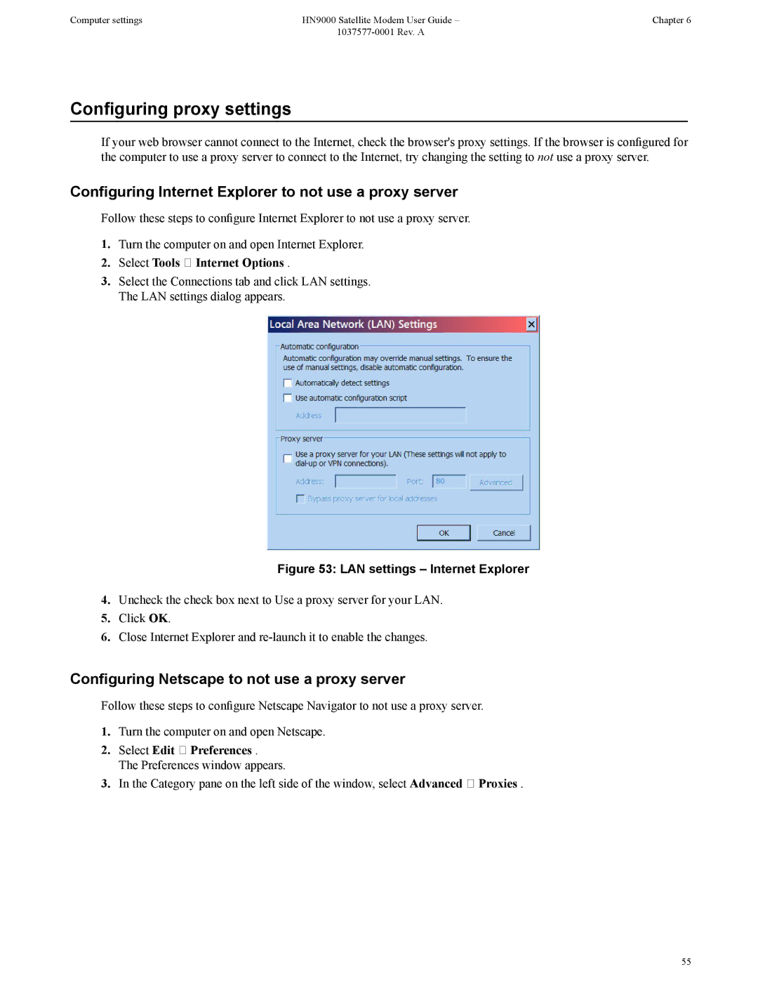 Hughes HN9000 Configuring proxy settings, Configuring Internet Explorer to not use a proxy server, Select Edit Preferences 