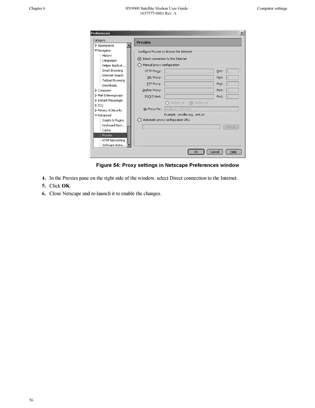 Hughes HN9000 manual Proxy settings in Netscape Preferences window 