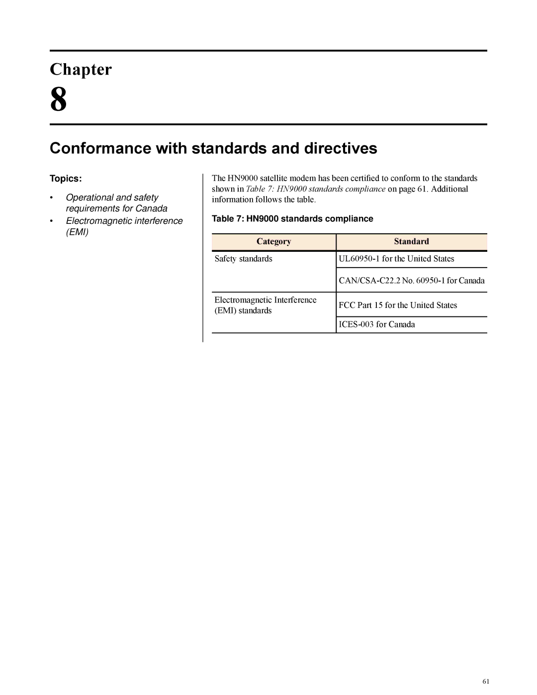 Hughes manual Conformance with standards and directives, HN9000 standards compliance, Category Standard 