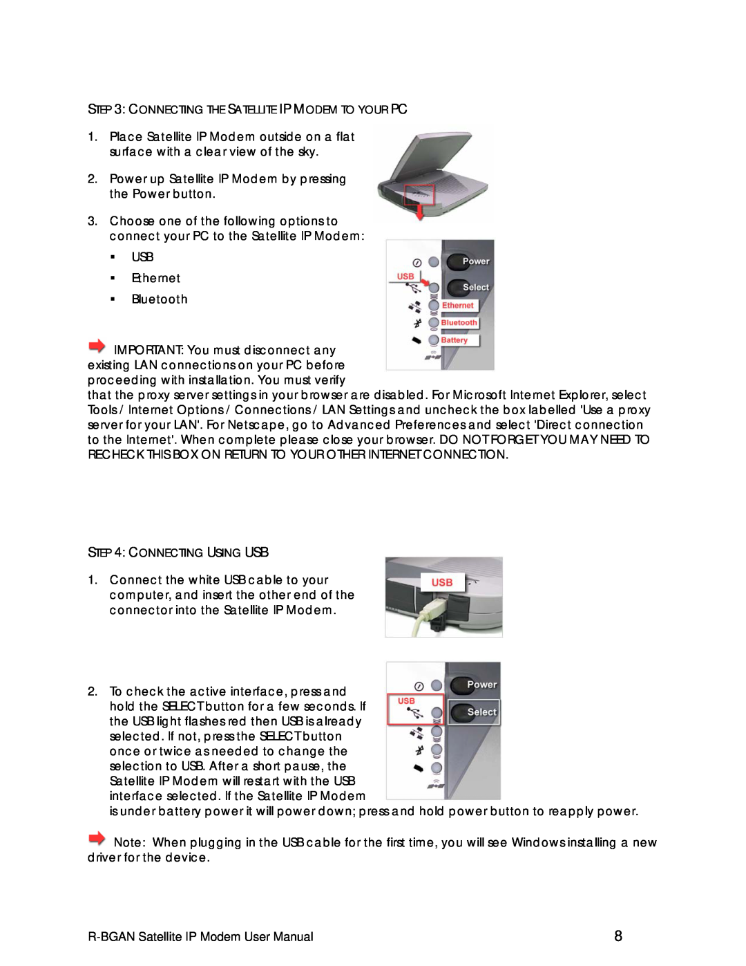 Hughes R-BGAN manual Connecting The Satellite Ip Modem To Your Pc, Connecting Using Usb 
