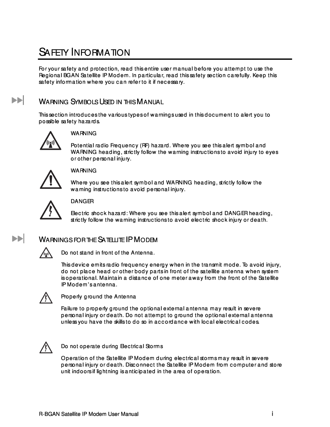 Hughes R-BGAN manual Safety Information, Warning Symbols Used In This Manual, Warnings For The Satellite Ip Modem, Danger 
