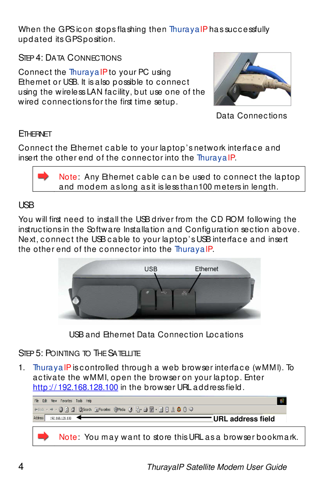 Hughes ThurayaIP warranty Data Connections, USB and Ethernet Data Connection Locations 