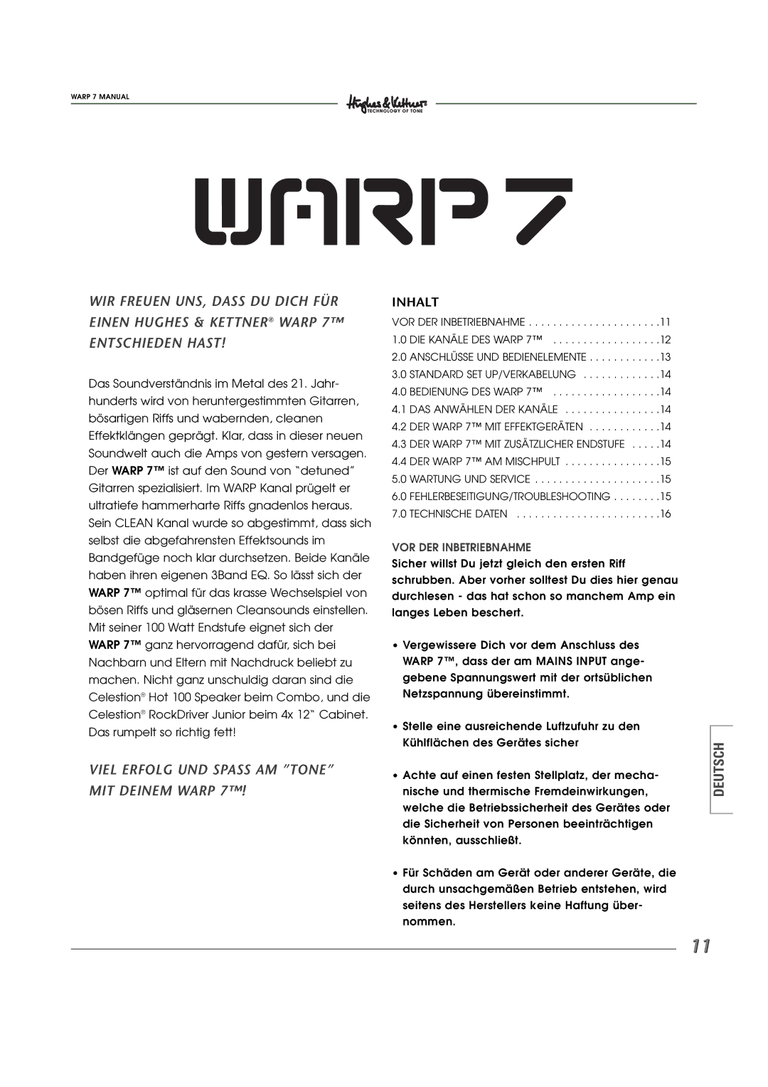 Hughes WARP7 manual Viel Erfolg UND Spass AM Tone MIT Deinem Warp, Inhalt 