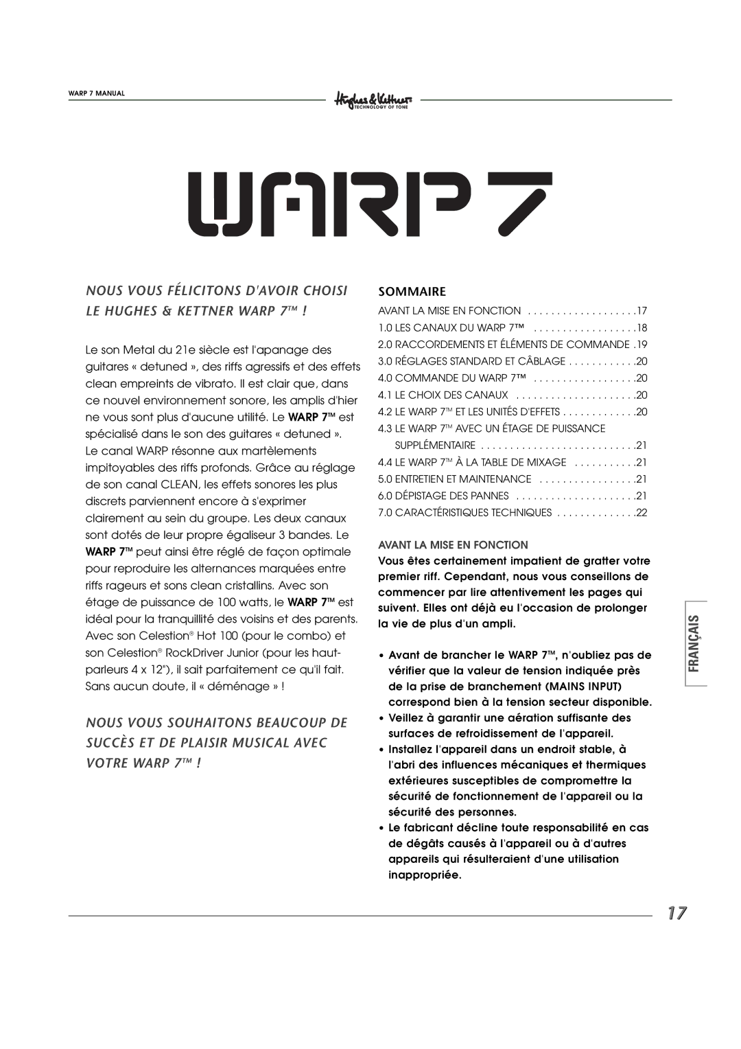 Hughes WARP7 manual Sommaire, Avant LA Mise EN Fonction 