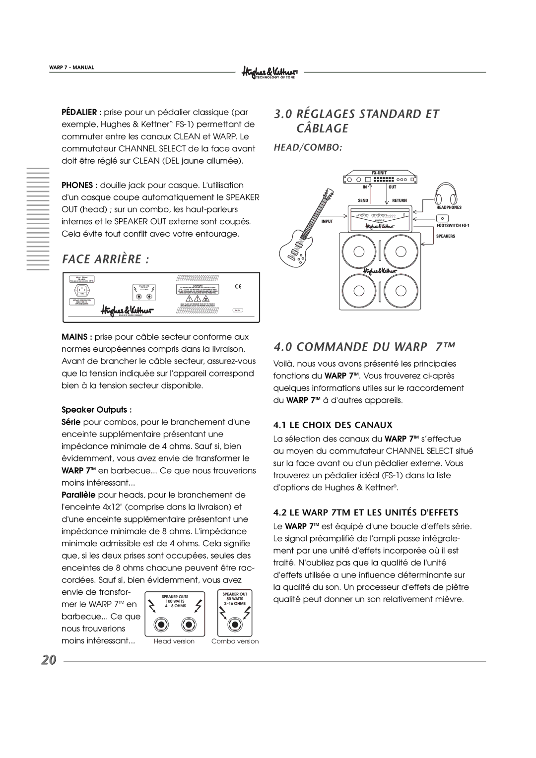 Hughes WARP7 manual Face Arrière Réglages Standard ET Câblage, Commande DU Warp, LE Choix DES Canaux 