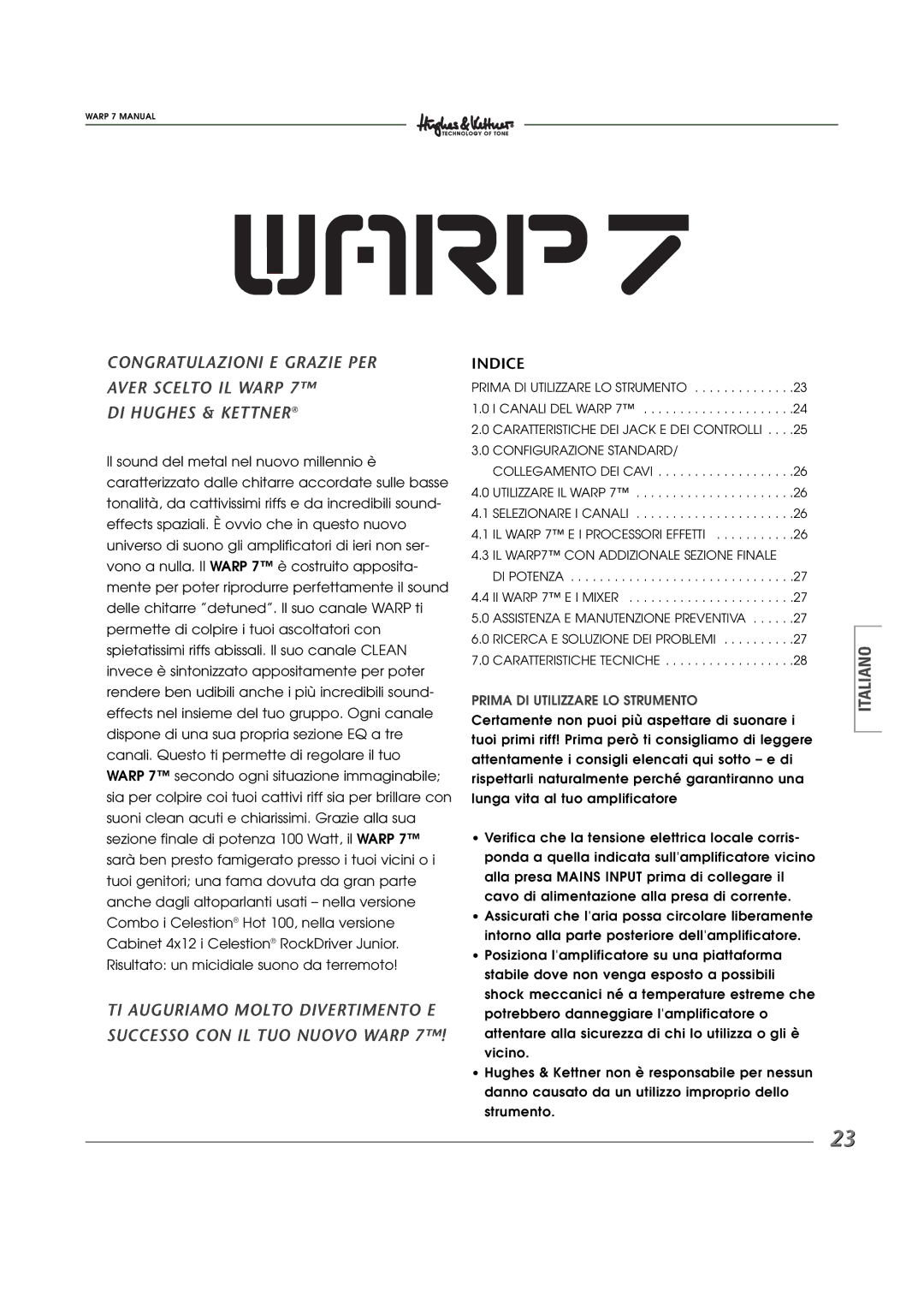 Hughes WARP7 manual Indice, Prima DI Utilizzare LO Strumento 