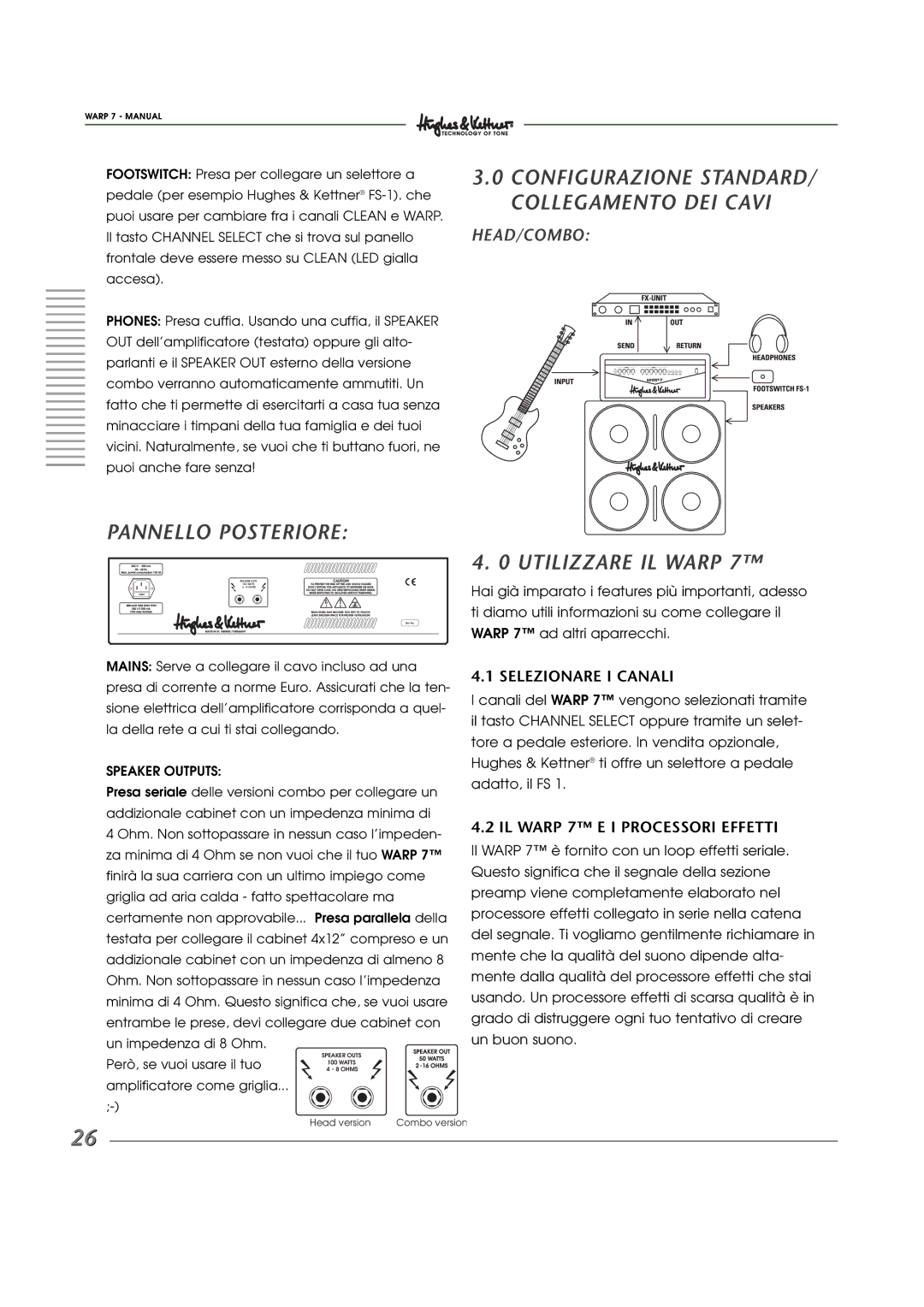 Hughes WARP7 manual Pannello Posteriore, Utilizzare IL Warp, Selezionare I Canali, IL Warp 7 E I Processori Effetti 