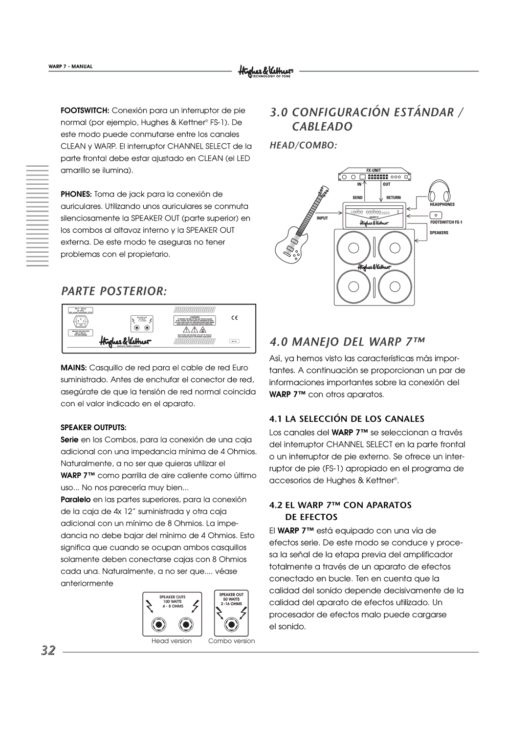 Hughes WARP7 manual Parte Posterior, Configuración Estándar / Cableado, Manejo DEL Warp, LA Selección DE LOS Canales 