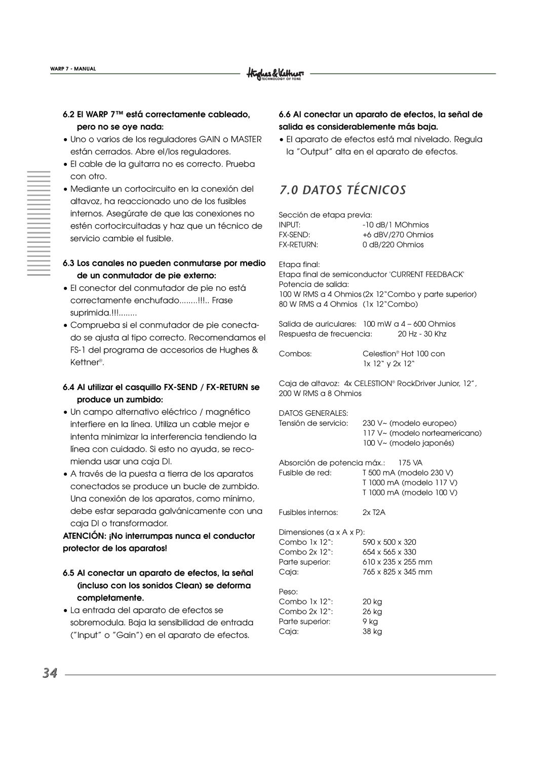 Hughes WARP7 manual Datos Técnicos, Datos Generales 