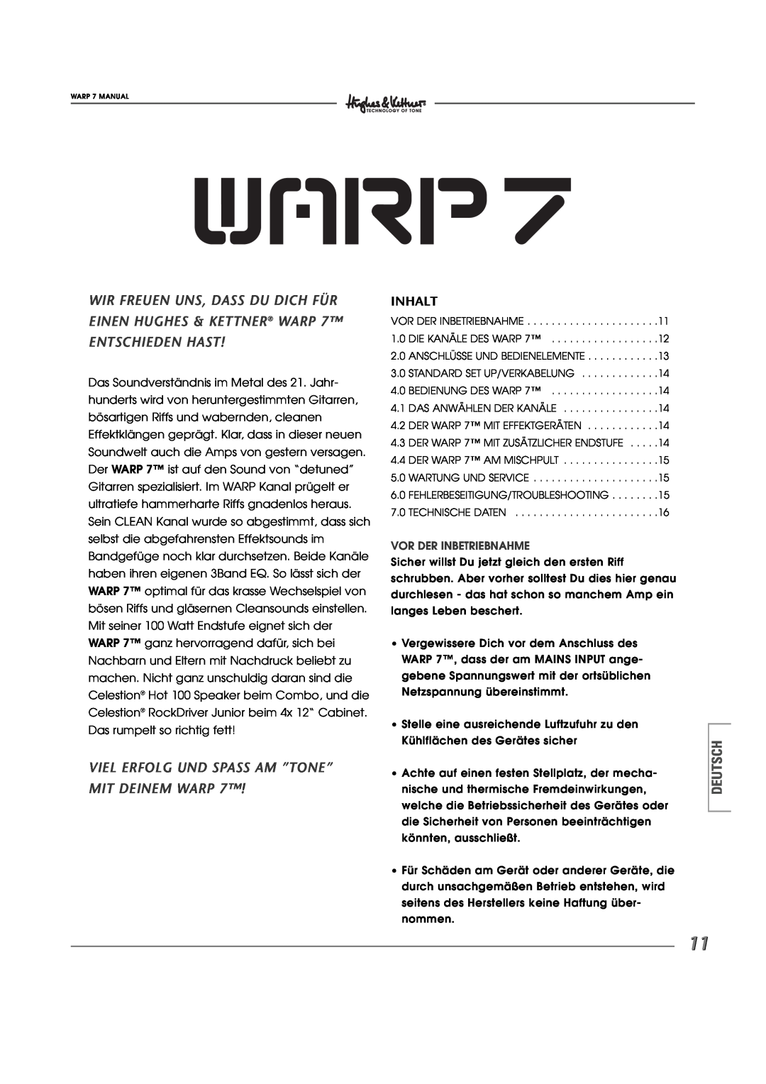 Hughes WARP7 manual Wir Freuen Uns, Dass Du Dich Für, Einen Hughes & Kettner Warp Entschieden Hast, Inhalt, Deutsch 