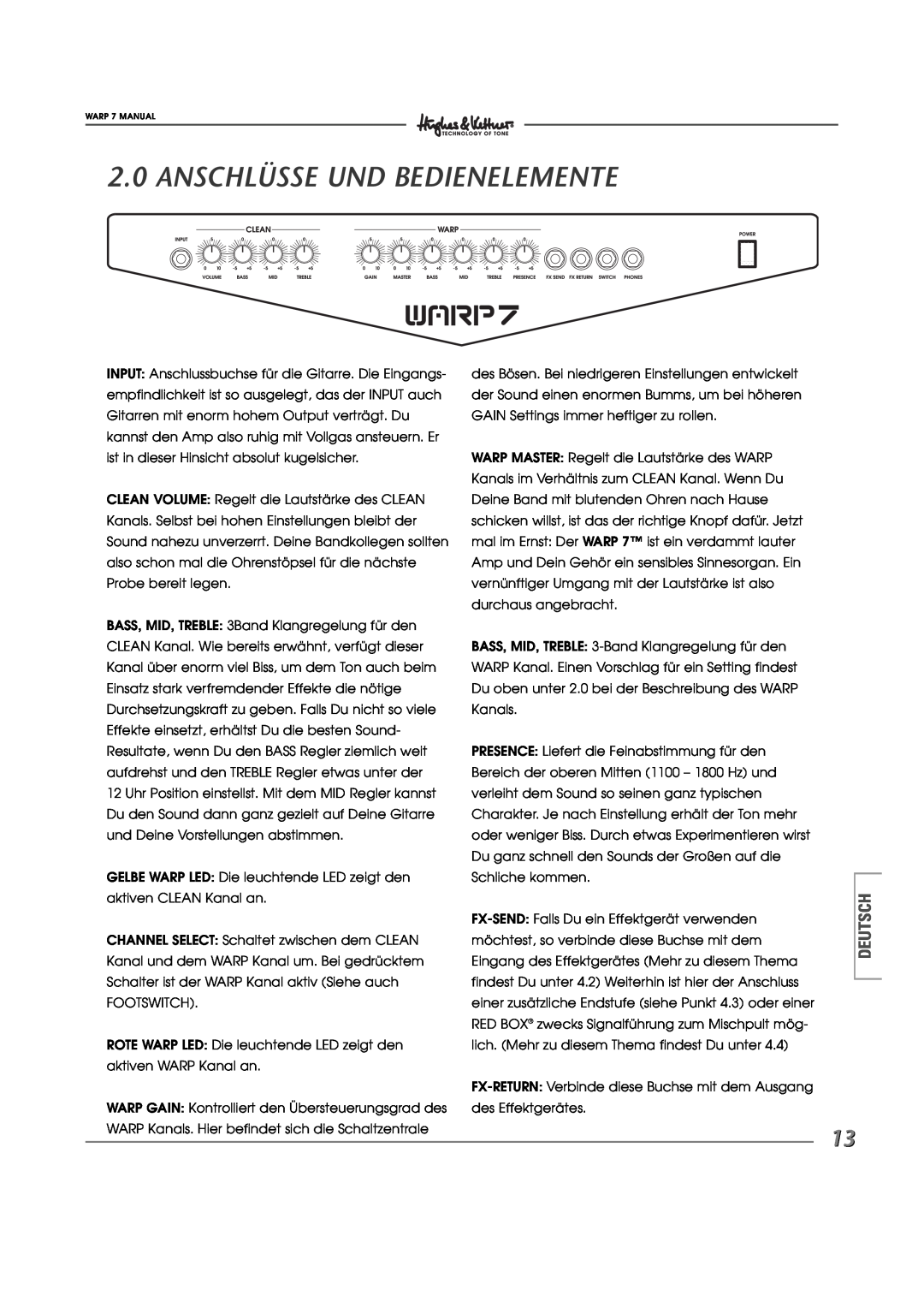 Hughes WARP7 manual Anschlüsse Und Bedienelemente, Deutsch 