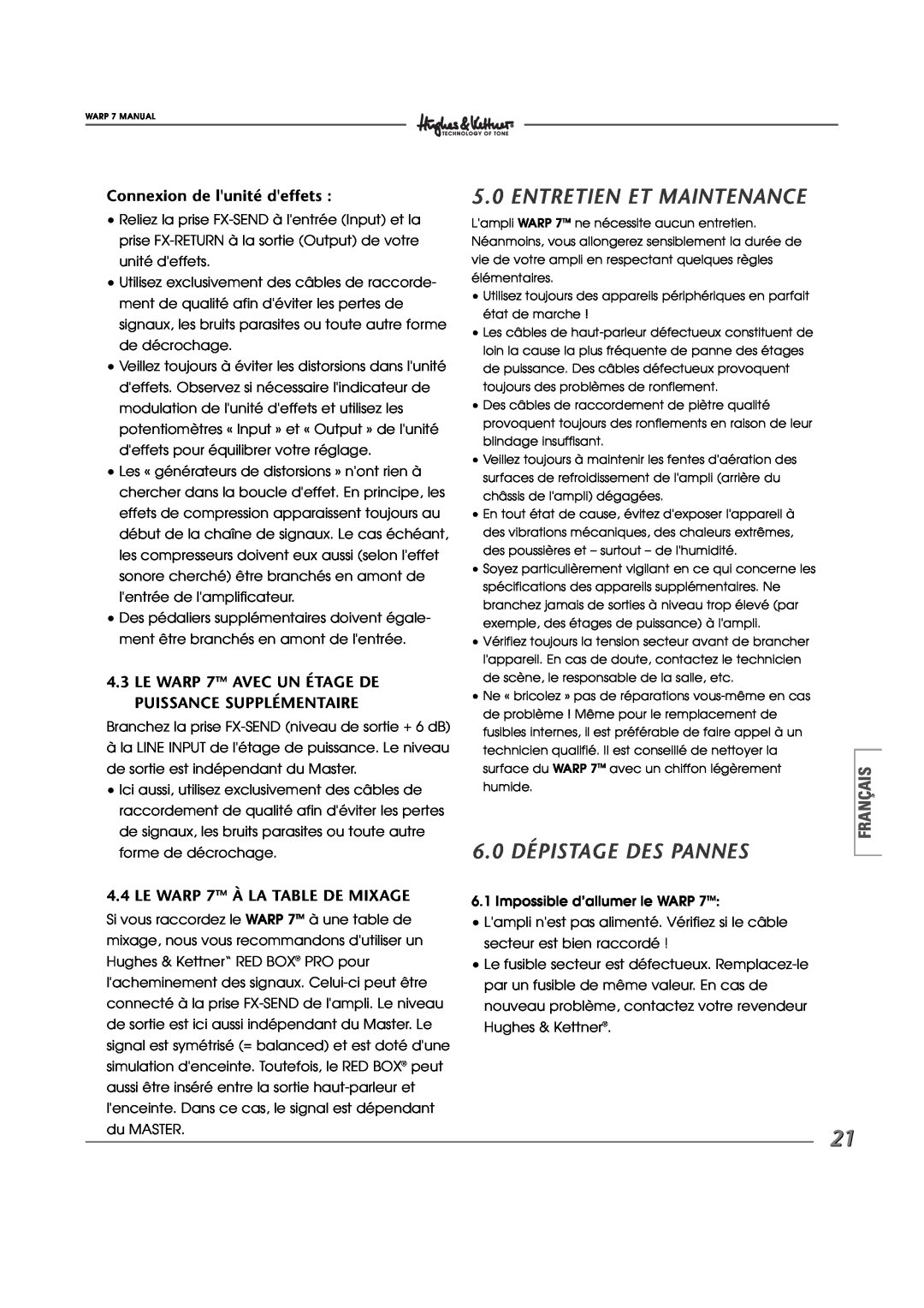 Hughes WARP7 manual Entretien Et Maintenance, 6.0 DÉPISTAGE DES PANNES, Connexion de lunité deffets 