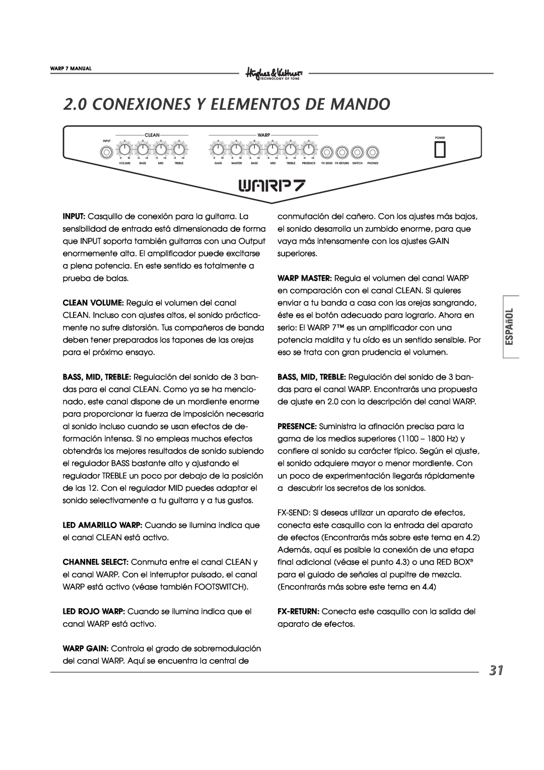 Hughes WARP7 manual Conexiones Y Elementos De Mando, ESPAñOL 