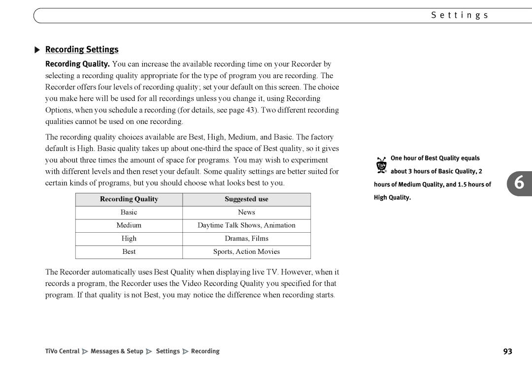 Humax 525p manual Recording Settings, High Quality 