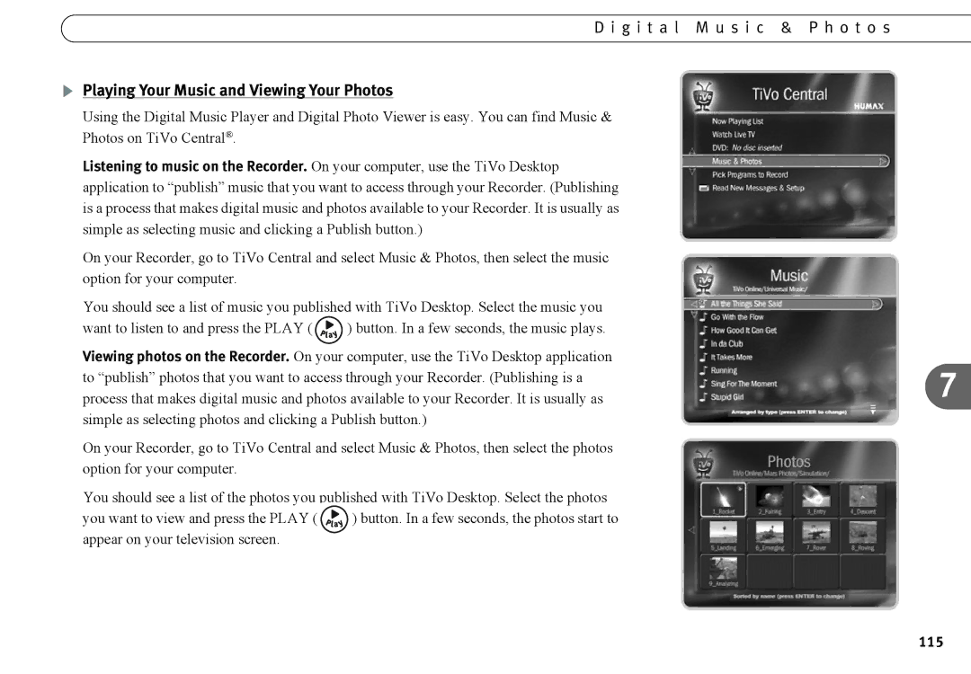 Humax 525p manual G i t a l M u s i c & P h o t o s, Playing Your Music and Viewing Your Photos, 115 